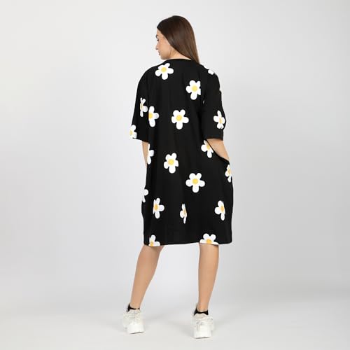 Image of LAMA STORE Women's Printed Oversized T-Shirt Dress, Cotton, 3 /4 Sleeve Length, Casual Loose Fit, Comfort Wear Extra Comfy Oversized Printed Pocket T-Shirt Dress