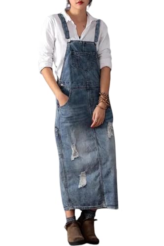 Yoeasy Women's Distressed Denim Overall Dress - Adjustable Strap Pinafore A-Line Mid Long Jean Bib