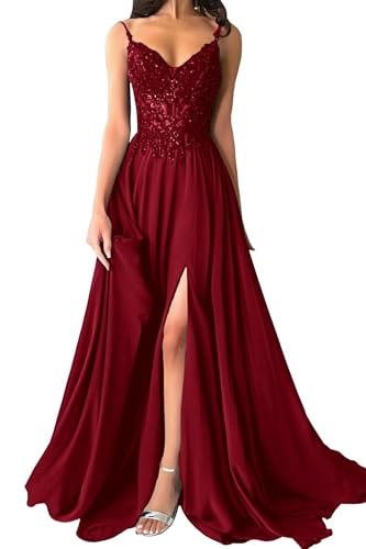 Damen Chiffon Ballkleider Lang V-Ausschnitt Spitzenapplikationen Brautjungfernkleid A-Linie Abendkleider mit Schlitz