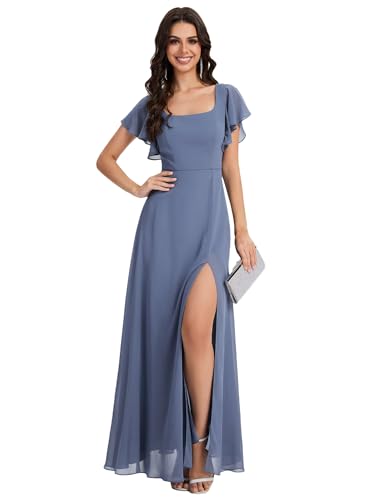 Ever-Pretty Women's Square Neck Short Sleeves Split Chiffon Floor Length A-Line Maxi Formal Dress 02409