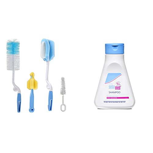 Image of SYGA 4 Pcs Baby Milk Bottle Nipple Straw Brush Sponge Nylon Cleaning Brush Cleaner Bottle Tong Set R&Sebamed Baby (Children) Shampoo 150Ml, Multicolor
