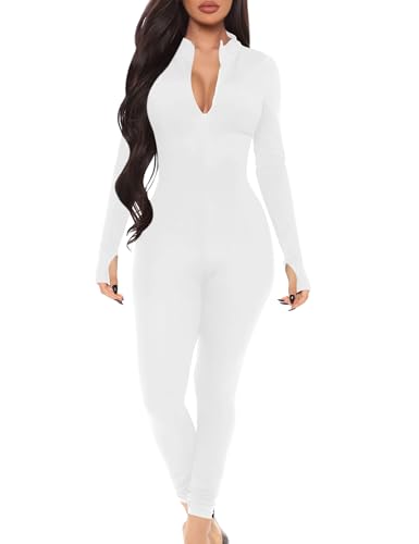 Mizoci Women's Sexy One Piece Jumpsuit Bodycon Long Sleeve V Neck Zipper Full Bodysuit, Medium, White