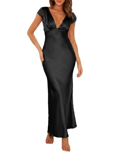 Image of Halfisland Womens Summer Satin V Neck Cap Sleeve Midi Dress Wedding Guest