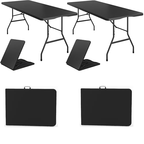 Image of BTEXPERT Set of 2, 6FT Folding Table Thick Heavy Duty Portable Foldable Table, 72 inch Long Fold-in-Half Plastic Utility Tables for Party Dining Wedding Events Picnic Indoor Outdoor Camping Black