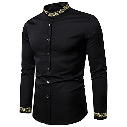 DGHM-JLMY Men's Collarless Long Sleeve Fashion Embroidered Shirt Hipster Slim Fit Gold Embroidery Casual Dress Shirts2