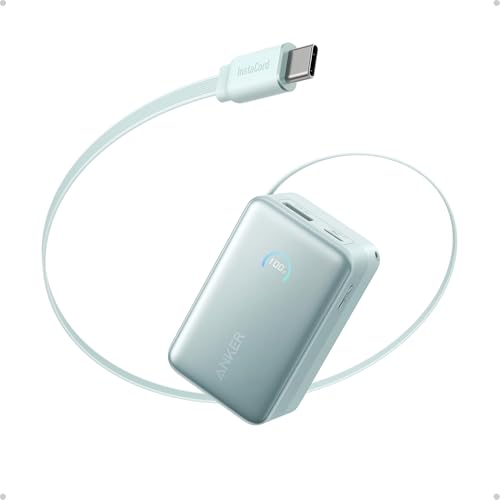 Powerbank Anker Nano, zewnętrzny akumulator 10 000 mAh z 70-centymetrowym zwijanym kablem Anker InstaCord, kompaktowa bateria o mocy maks. 45 W, inteligentny wyświetlacz (zielony)