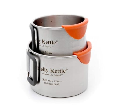 Kelly Kettle Camping Cup Set (350 & 500ml) 2 x Food Grade Stainless Steel | Single Walled | Silicone Coated Foldable Handles | CooLip™ Protects Lips from Burning