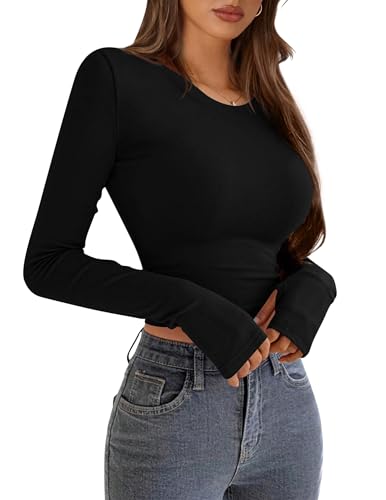 PRETTYGARDEN Women's Long Sleeve Crop Tops Y2K Spring Fall Fashion Clothes Basic Slim Fit Tee Shirts Blouse