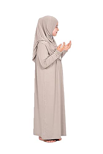 One-Piece Muslim Dress for Girls Long Sleeve Islamic Prayer Dress with Head Scarf for Muslim Girls Jilbab Hijab Muslim Girls Fashion Abayas Size : 8-12 Years Old Color: Ecru