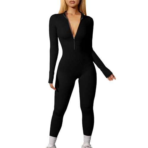 Mono para mujer ajustado largo - Mono para mujer de manga larga con cremallera cuello en V peto sexy traje pantalón elástico playsuit deporte playsuits ligero de una pieza acogedor pantalón de tela