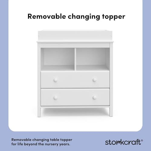 Image of Storkcraft Alpine 2 Drawer Changing Table Chest (White) - Attached Changing Table Topper Fits Any Standard-Size Baby Changing Pad, 2 Drawers, 2 Shelves for Extra Nursery Storage, Easy to Assemble