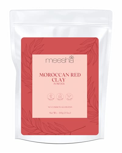 Moroccan Red Clay Powder by meesha | 100g (3.5.oz.) | 100% Natural Moroccan Red Clay Powder | Detoxifying, exfoliating, cleansing and rejuvenating face mask | DIY face mask, scrubs, bath bombs, body wraps, dry shampoo, hair shampoo, hair mask | Natur