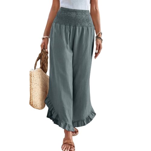 Wide Leg Pants Woman Casual Summer Smocked High Waisted Linen Pants Flowy Ruffle Hem Palazzo Pants with Pockets