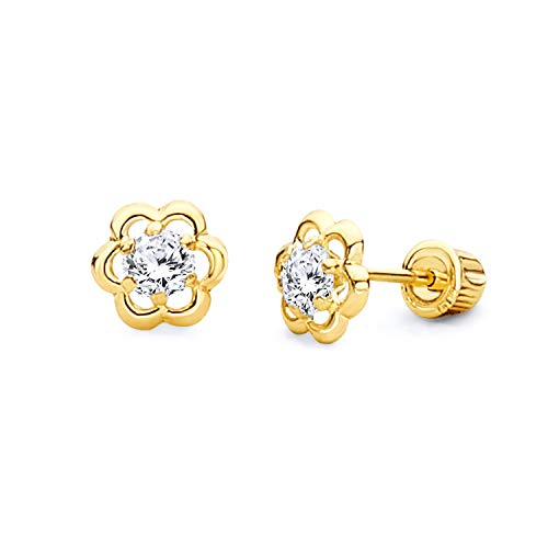 14k REAL Yellow Gold Flower CZ Stud Earrings with Screw Back