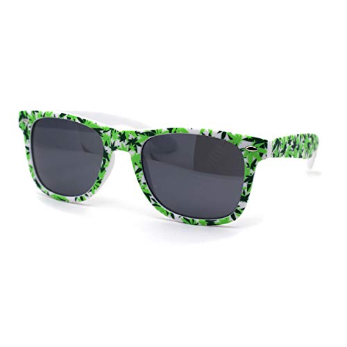 Image of Marijuana Pot Leaf Print Hipster Horn Rim Plastic Retro Sunglasses