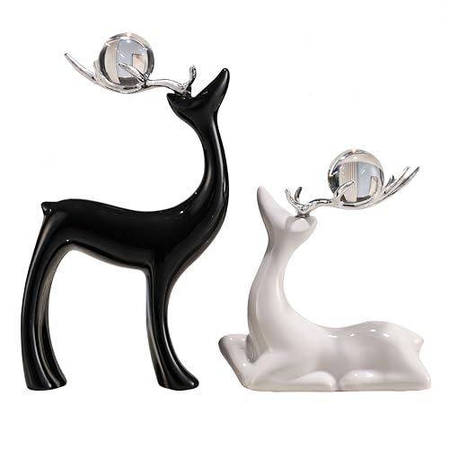 Set de Estatuas de Renos en Cerámica Negro y Blanco