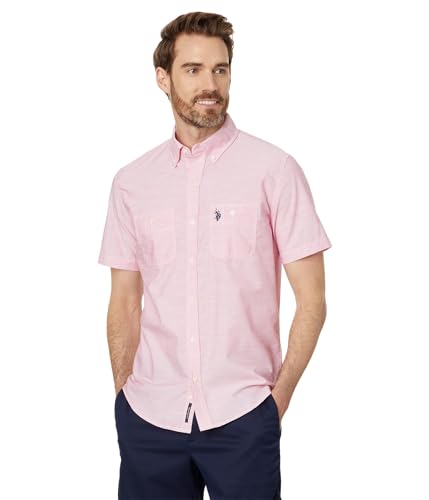 U.S. POLO ASSN. Men's Short Sleeve Classic Fit Solid Yarn Dye Stretch Slub End 2 Pocket Woven Shirt, Rouge Red