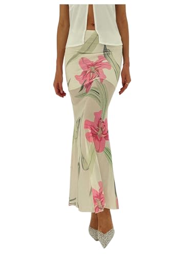 GORGLITTER Women's Floral Mesh Maxi Skirt Ruched Sheer Low Rise Bodycon Long Skirts