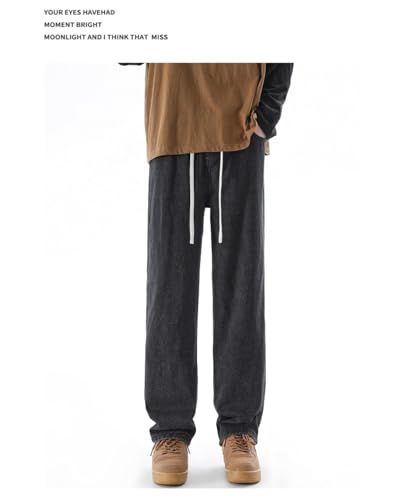 Pants Trousers Denim Spring Loose Straight Tube Tight Drawstring Men's High Street Deep Blue4