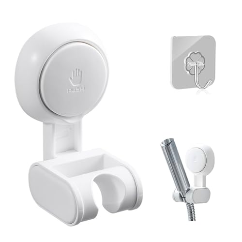 CLKE Support Pommeau de Douche Sans Percage, Support Douchette Ventouse Blanc,Support de Douche avec Une Crochet,Base de Douche,Réglable,Etanche(Blanc)