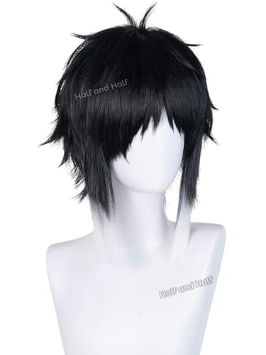 Image of Akutagawa Cosplay Wig Short Men's Black and White Anime Wig Black Male Cosplay Wig with Bangs for Women Halloween Party Costume