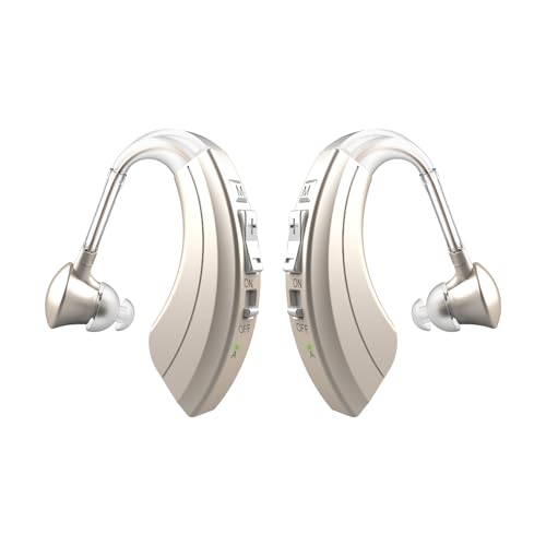 HIBRIQ Dispositivo sonoro ricaricabile, cancellazione del rumore e volume regolabile, 4 modalità dispositivo uditivo design BTE Comfort (1, Champagne Gold)