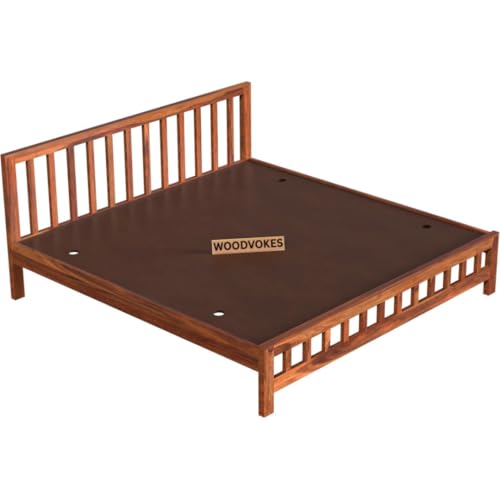 Image of Sheesham Wood Bed Without Storage Solid Wooden Cot Double Bed for Bedroom Living Room Home (Natural, Queen (U.K. Standard))
