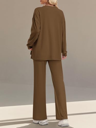 Womens Sweatsuits 2 Piece Sets Fall Side Slit Sweatshirt Wide Leg Sweatpant Airport Travel Outfits Tracksuits3