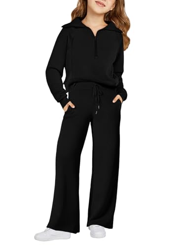 Image of Haloumoning Girls 2 Piece Outfits Sweatsuit Half Zip Long Sleeve Sweatshirts Sweatpants Tracksuit Sets 5-14 years