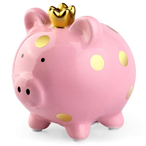 Nizirioo Hucha de Cerdo de Cerámica Grande Color Rosa - Piggy Bank para Niños, Cerdo de la Suerte, Regalo de Dinero para Bebé, Niña, Boda