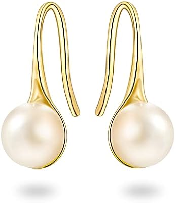 Yellow Gold Pearl Dangle Earrings for Women Men, Drop Earrings with Fish Hook Back
