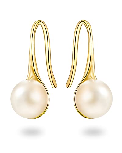 Yellow Gold Pearl Dangle Earrings for Women Men, Drop Earrings with Fish Hook Back