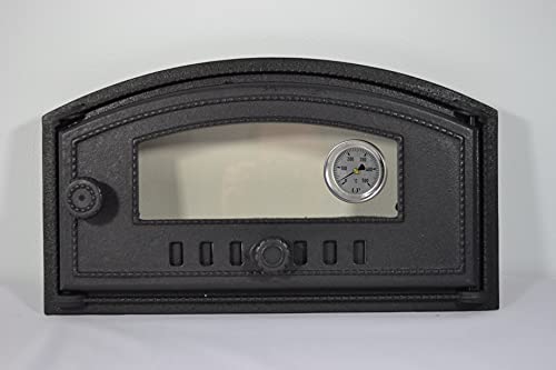 SEZAM Puerta de horno de hierro fundido con termómetro 500 °C, cristal resistente al calor, apertura a la derecha, puerta para pizza, horno de pan, 48,5 x 6,5 x 27,5 cm, semicircular, pintura negra