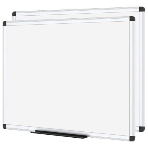 VIZ PRO Pizarra blanca magnética de pared 90x60cm, pack de 2, marco de aluminio, para oficina y aula