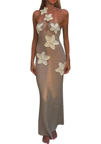 Ptorlio Womens Swimsuit Cover Up Summer Halter Beach Floral Bodycon Sleeveless Coverup Crochet Maxi Dress