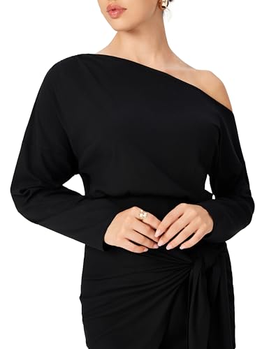 CIDER Off The Shoulder Dresses for Women One Shoulder Going Out Dress Tie Front Long Sleeve Dresses Fall Outfits3