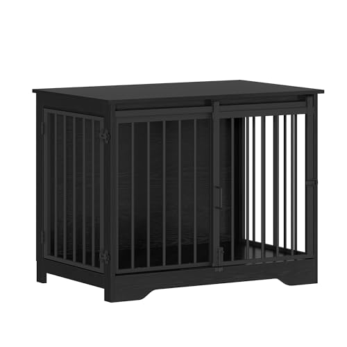 Hzuaneri Hundekäfig Möbel, 81cm hundebox für zuhause, Schiebetüren, 2 Türen, Moderne hundebox Holz Indoor für kleine/mittlere Hunde, Hundekäfig für Zuhause, 81 x 55 x 67,5cm, Schwarz DFC83604B