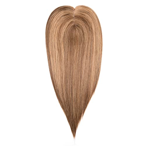 Originea 100% Remy Human Hair Toppers with Bangs for Women Silk Base Clip in Crown Topper Wiglets Hairpieces for Thinning Hair/Hair Loss Cover Gray Hair (14 Inch, 4/27# Medium Brown&Dark Blonde)