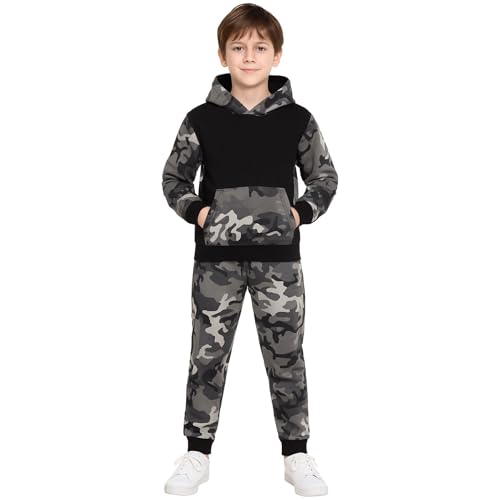 A2Z 4 Kids Boys Girls Camouflage Tracksuit Set Hoodie And Joggers - T.S Camo 604 Charcoal & Black 11-12