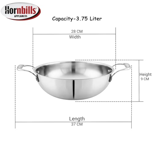 Image of HORNBILLS Triply Stainless Steel Kadai /Kadhai Without Lid - 3.7 L, 28 cm | 2.5mm Thick Base, Even Heating No Hotspot, Less Oil Healthy Cooking, Heavy Bottom Induction Cookware Kadhai for Cooking