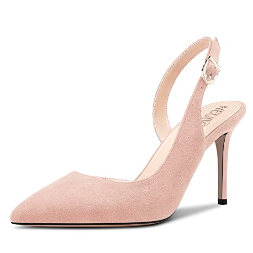 HEUIVZAR Mujer Alto High Heel Pumps Puntiaguada Punta Aguja Heel Correa Tobillo Slingback Sandalias Ante Dress Zapatos Novia Beige 10 CM 35 EU