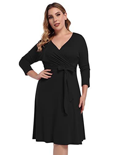 AMZ PLUS Womens V-Neck 3/4 Sleeve A Line Midi Faux Wrap Plus Size Cocktail Party Swing Dress Black L - Image 5