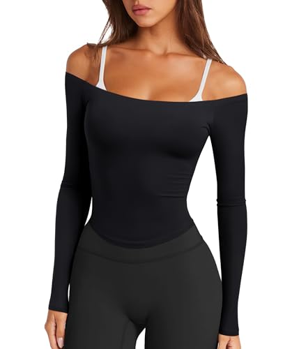 LASLULU Womens Sexy Off The Shoulder Long Sleeve Workout Tops Strapless T Shirts Crop Top Casual Fall Outfits