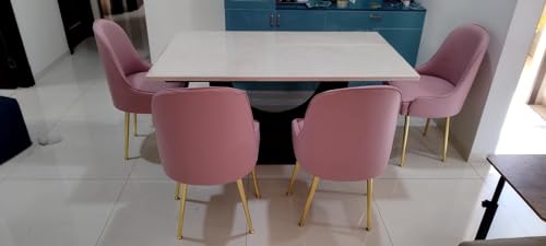 Taxzek 6-7 Seater Four Chairs+1 upholstered 2-3 seat Bench Lemonade Pink with Golden Non Slip Legs and U Shape Strong Brown Base with Polished White Marble