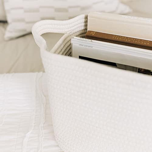OrganiHaus Rope Magazine Basket with Handles | Decorative Basket for Books | Nursery Basket for Toys & Baby Room | Rectangular Basket for Office Storage Rope Basket for Towels 14 x 9 - White Basket