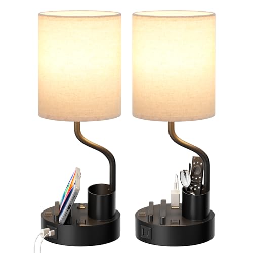 Bedside Table Lamps for Bedroom Set of 2 - Nightstand Light with AC Outlet and USB A & C for Charging, 3 Color Temperatures, Study Desk Lamp with Pen Holder & Phone Stand for Living Room/Dorm/Office