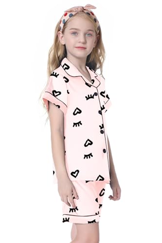 Image of Umeyda Women & Girls Pajamas Set, 2 Piece PJS Satin Silk Sleepwear Button-Down Top with Shorts for Mom Kids Gifts