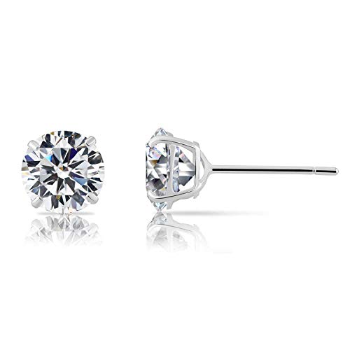 14k White Gold Solitaire Round Cubic Zirconia Stud Earrings with Gold butterfly Pushbacks (6mm)