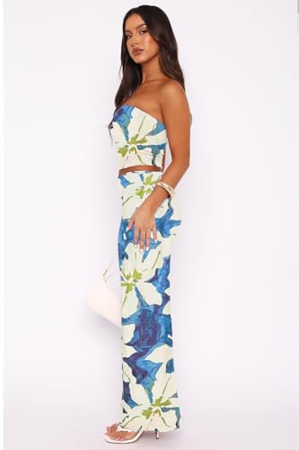 Image of Two Piece Dress Outfits for Women Sleeveless Tube Tops Bodycon Maxi Dress Summer Strapless Crop Top Sexy Suits Set