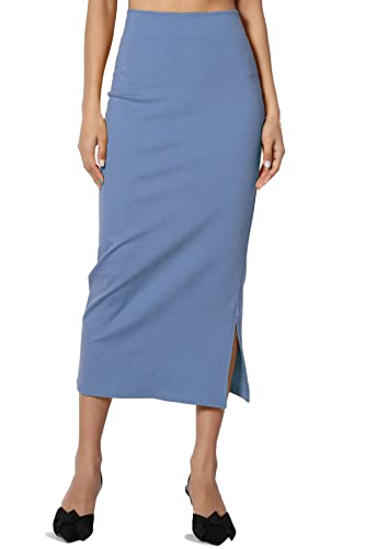 TheMogan Women's Side Slit Ponte Knit High Waist Mid-Calf Pencil Skirt Denim 3X